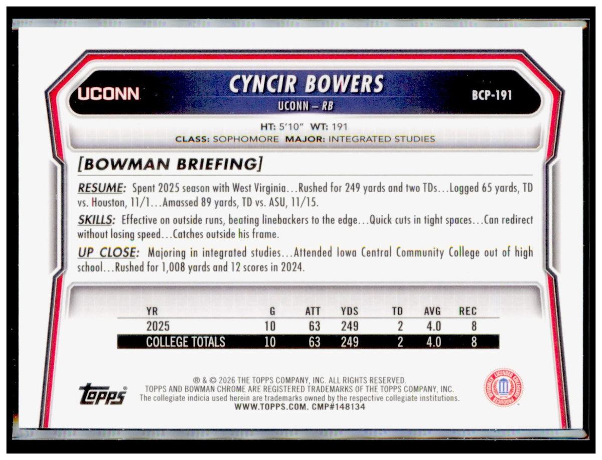 2026 Bowman Cyncir Bowers Card Chrome Prospects Connecticut Huskies