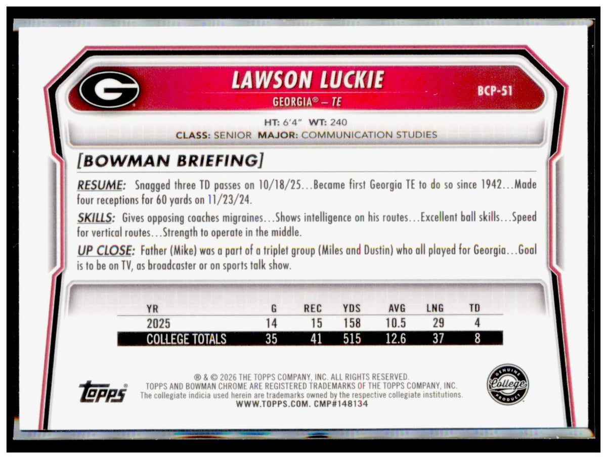 2026 Bowman Lawson Luckie Card Chrome Prospects Georgia Bulldogs