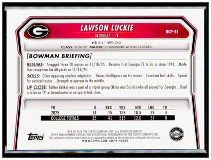 2026 Bowman Lawson Luckie Card Chrome Prospects Georgia Bulldogs