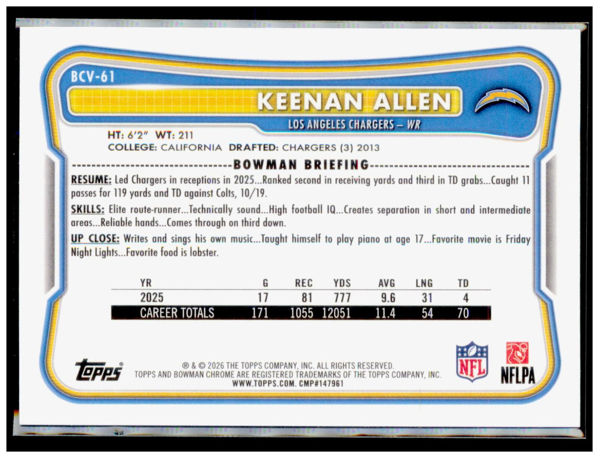 2026 Bowman Keenan Allen Card Chrome Los Angeles Chargers