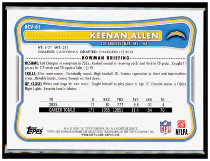 2026 Bowman Keenan Allen Card Chrome Los Angeles Chargers