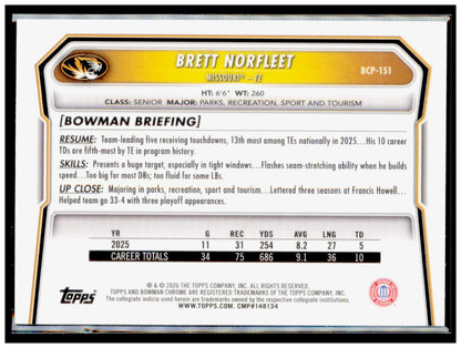 2026 Bowman Brett Norfleet Card Chrome Prospects Missouri Tigers