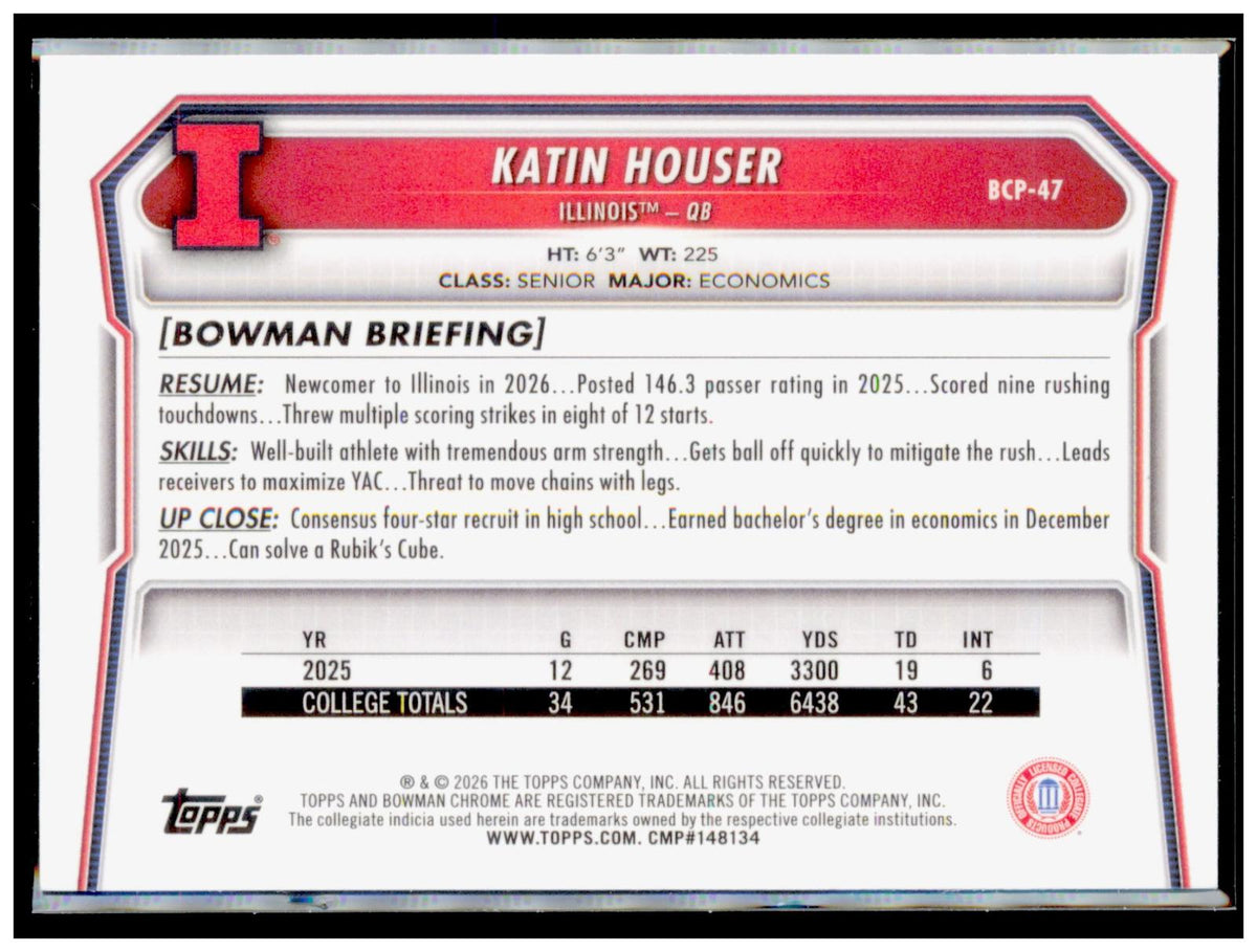 2026 Bowman Katin Houser Card Chrome Prospects Illinois Fighting Illini