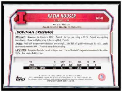 2026 Bowman Katin Houser Card Chrome Prospects Illinois Fighting Illini