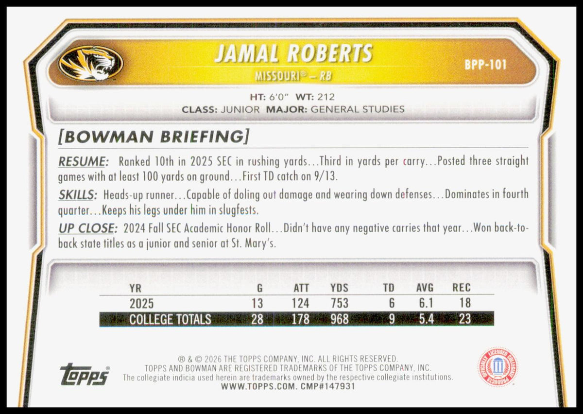 2026 Bowman Jamal Roberts Card Prospects Missouri Tigers