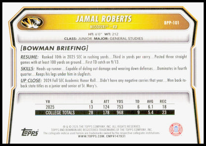 2026 Bowman Jamal Roberts Card Prospects Missouri Tigers