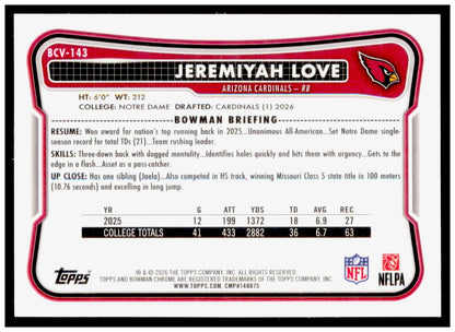 2026 Bowman Jeremiyah Love Card Chrome Arizona Cardinals