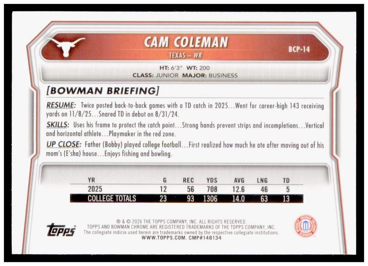 2026 Bowman Cam Coleman Card Chrome Prospects Etched In Glass Texas Longhorns