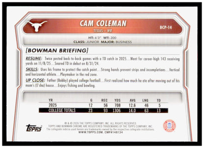 2026 Bowman Cam Coleman Card Chrome Prospects Etched In Glass Texas Longhorns