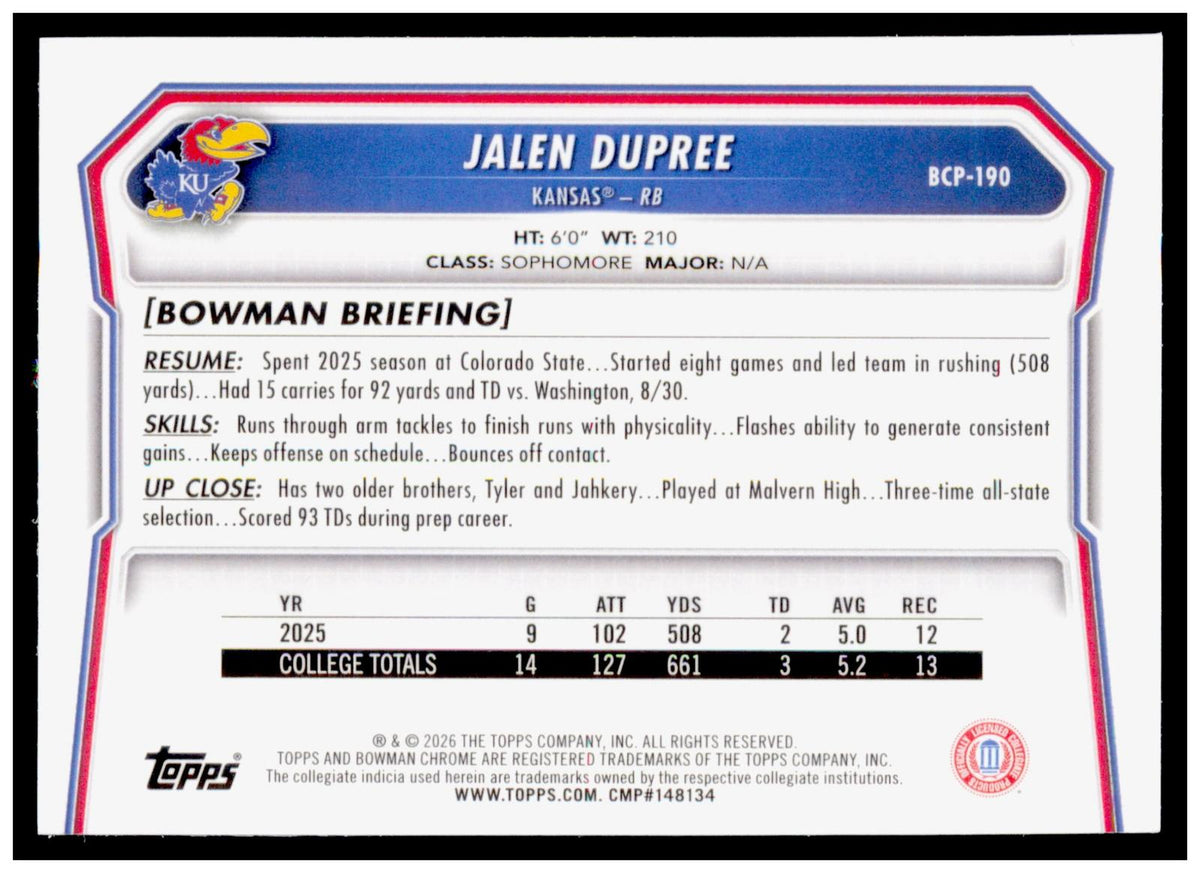 2026 Bowman Jalen Dupree Card Chrome Prospects Kansas Jayhawks