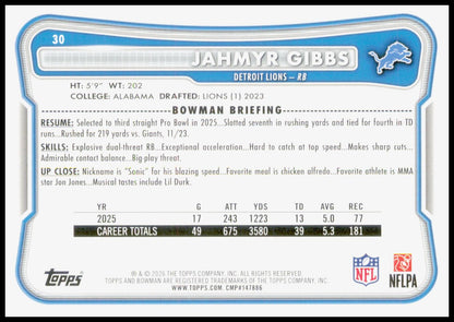 2026 Bowman Jahmyr Gibbs Card Detroit Lions