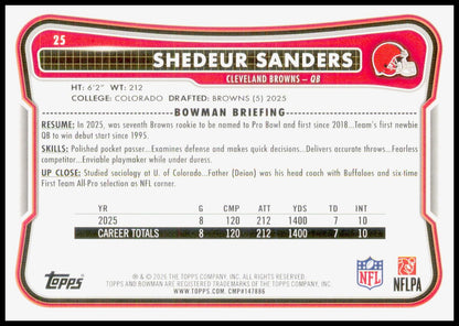 2026 Bowman Shedeur Sanders Card Cleveland Browns