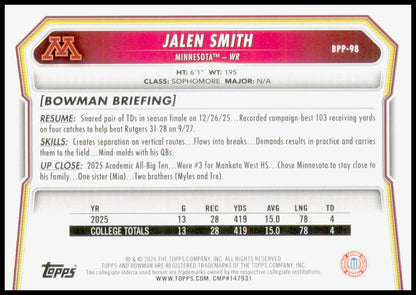 2026 Bowman Jalen Smith Card Prospects Minnesota Golden Gophers