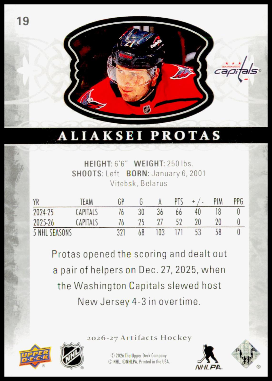 2026-27 Upper Deck Artifacts Aliaksei Protas Card Washington Capitals