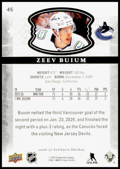 2026-27 Upper Deck Artifacts Zeev Buium Card Vancouver Canucks