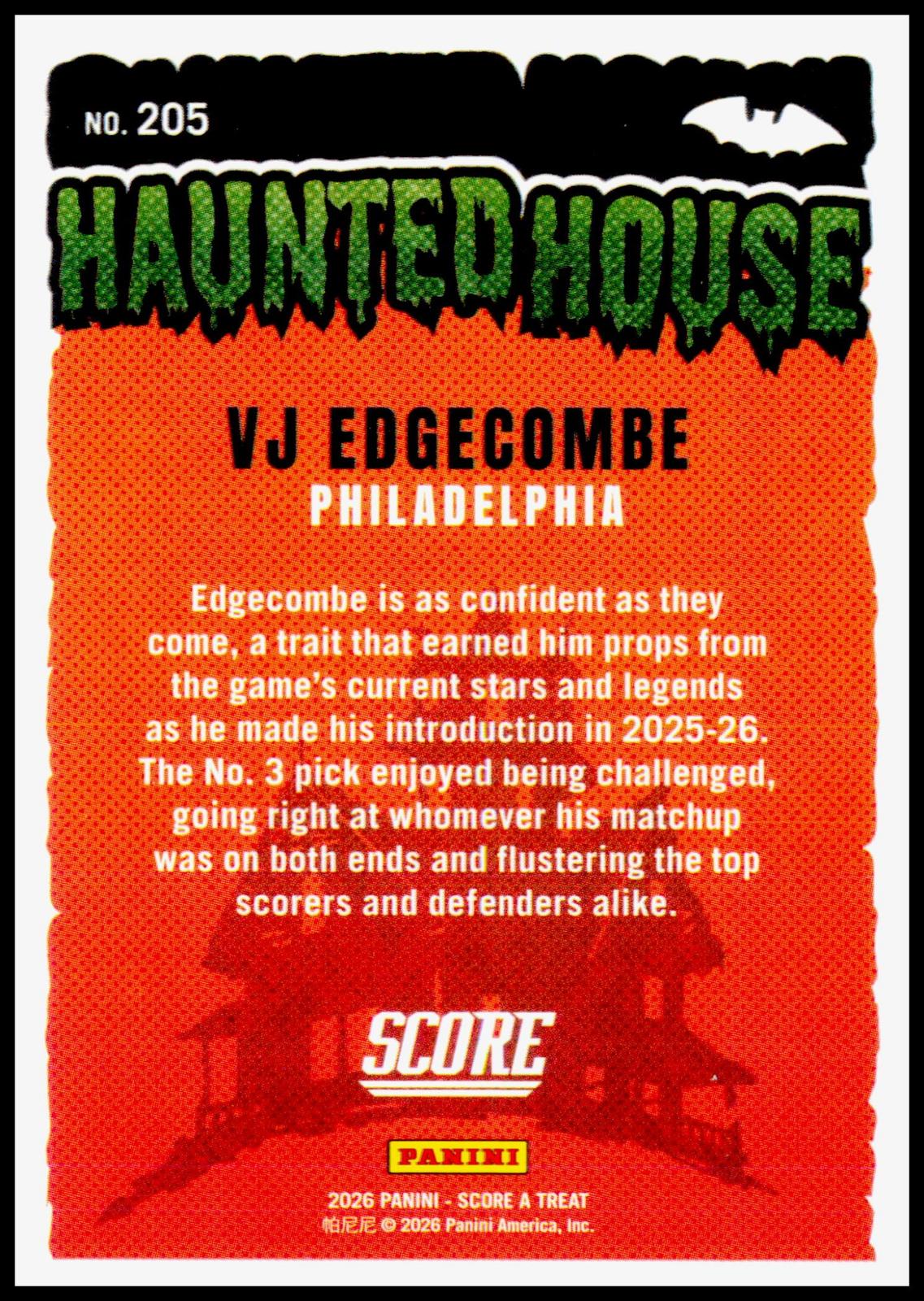 2026 Panini Score A Treat VJ Edgecombe #205 Haunted House RC 76ers Draft SP