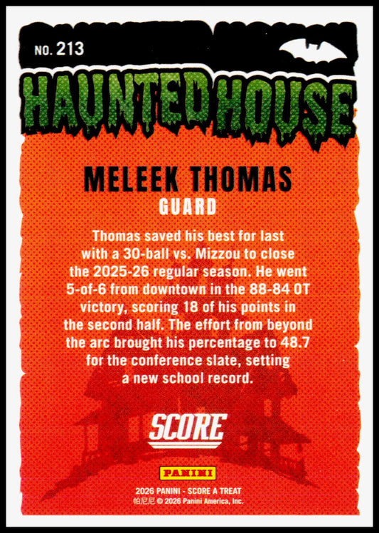 2026 Panini Score A Treat Meleek Thomas #213 Haunted House Guard Arkansas NIL