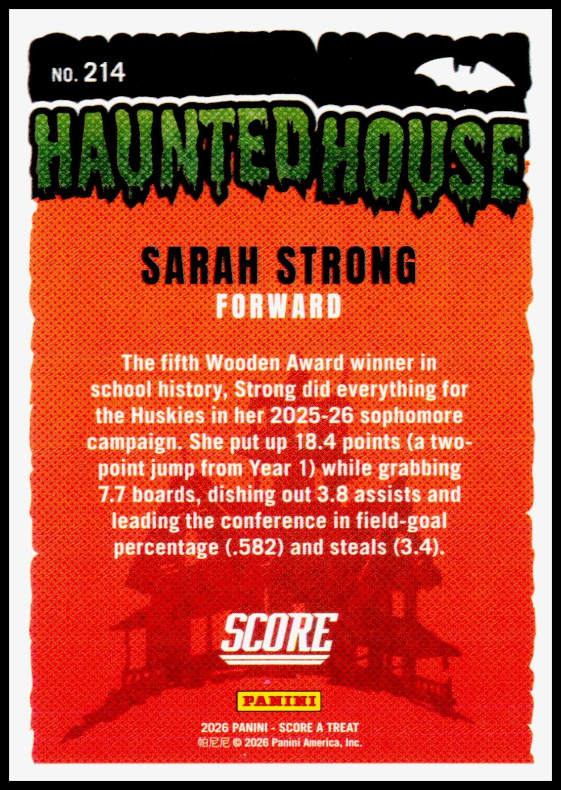2026 Panini Score A Treat Sarah Strong #214 Haunted House UConn Huskies NIL