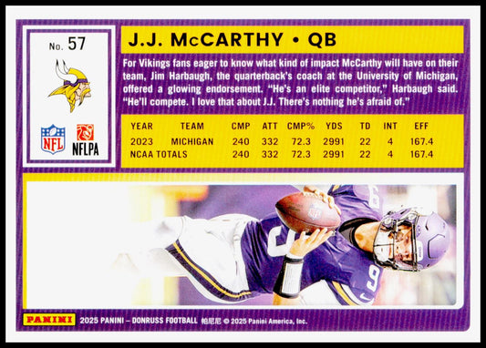 2025 Donruss J.J. McCarthy Card Minnesota Vikings