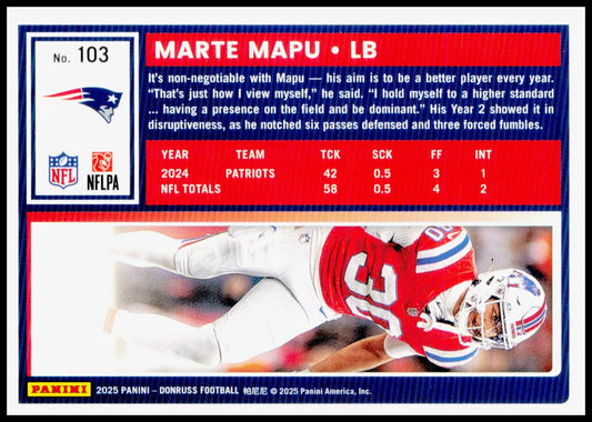 2025 Donruss Marte Mapu Card New England Patriots