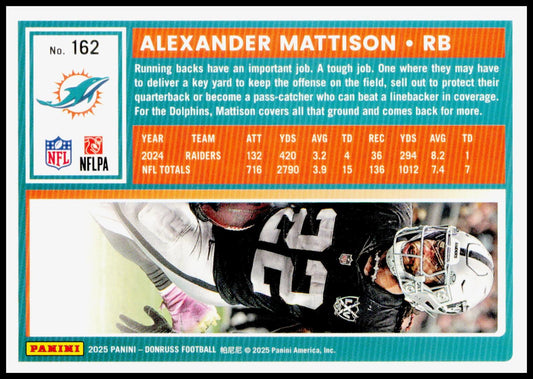 2025 Donruss Alexander Mattison Card Miami Dolphins