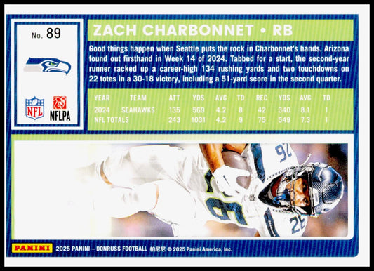 2025 Donruss Zach Charbonnet Card Seattle Seahawks