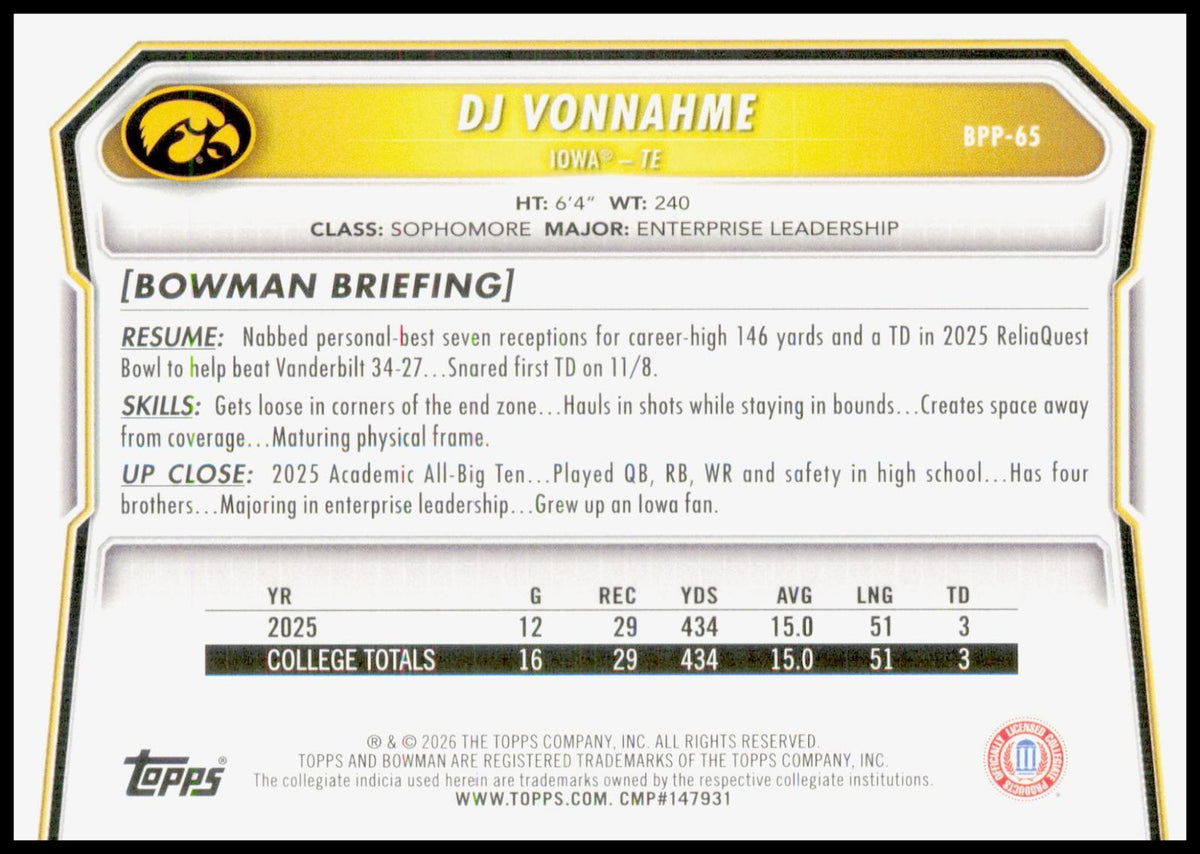 2026 Bowman DJ Vonnahme Card Prospects Iowa Hawkeyes