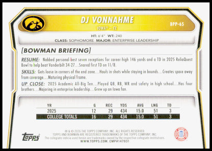 2026 Bowman DJ Vonnahme Card Prospects Iowa Hawkeyes