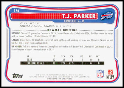 2026 Bowman T.J. Parker Card RC Buffalo Bills