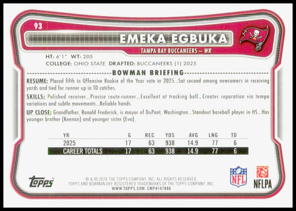 2026 Bowman Emeka Egbuka Card Tampa Bay Buccaneers