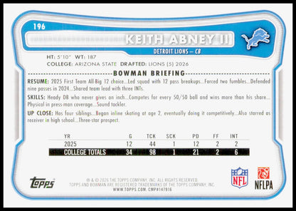 2026 Bowman Keith Abney II Card RC Detroit Lions