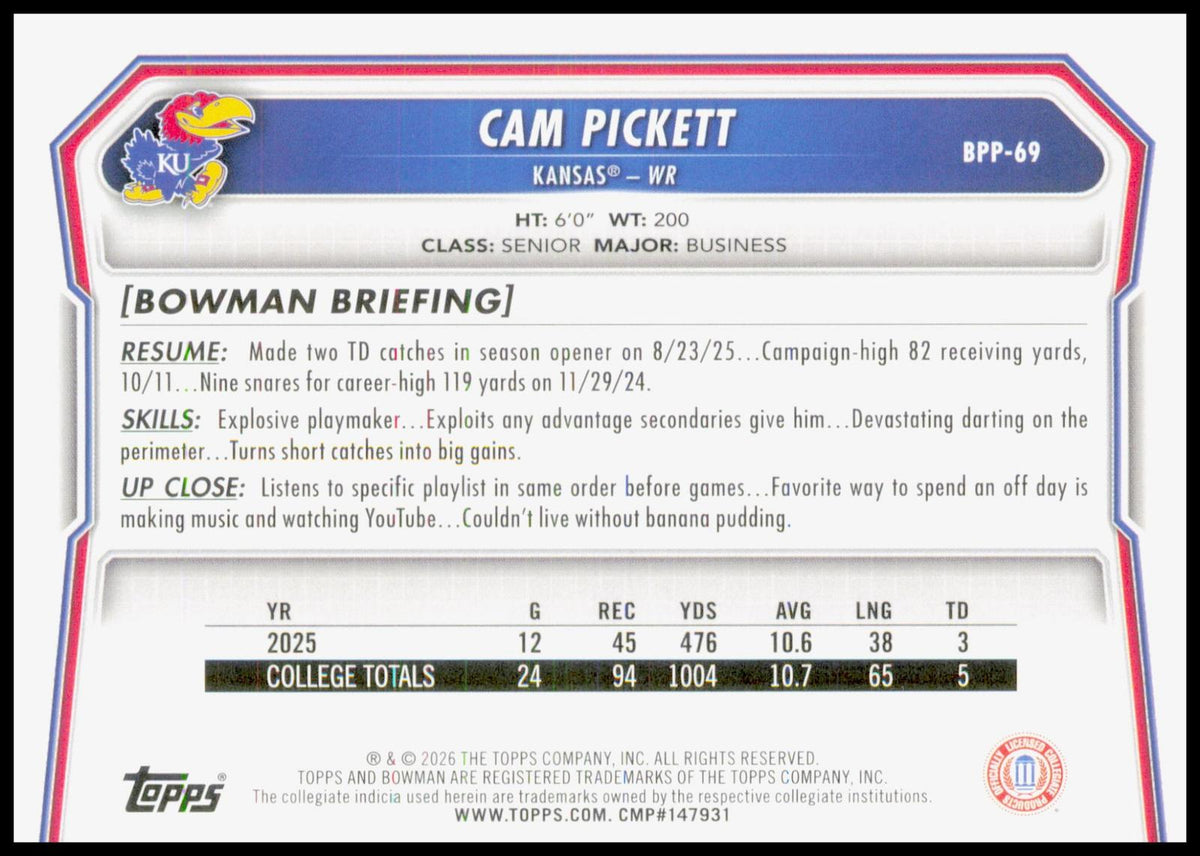 2026 Bowman Cam Pickett Card Prospects Kansas Jayhawks