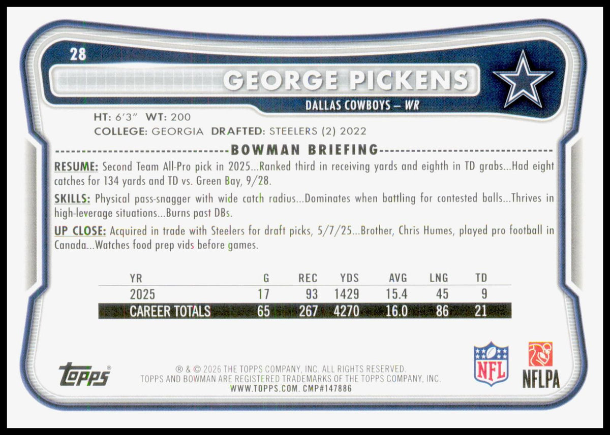 2026 Bowman George Pickens Card Dallas Cowboys