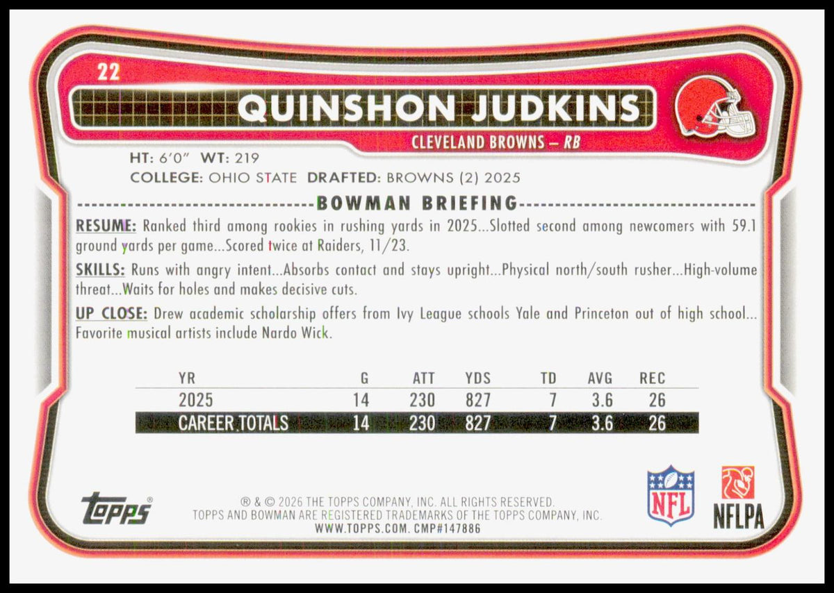 2026 Bowman Quinshon Judkins Card Cleveland Browns