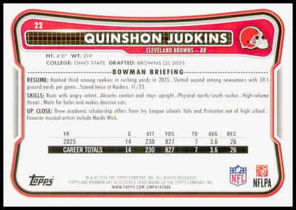 2026 Bowman Quinshon Judkins Card Cleveland Browns