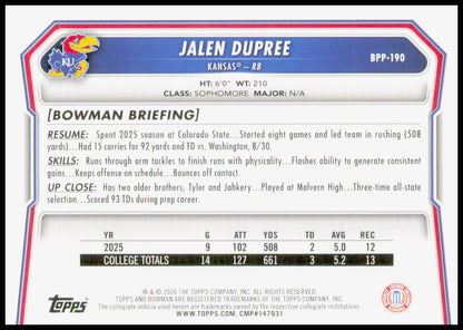 2026 Bowman Jalen Dupree Card Prospects Kansas Jayhawks
