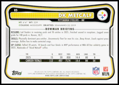 2026 Bowman DK Metcalf Card Pittsburgh Steelers