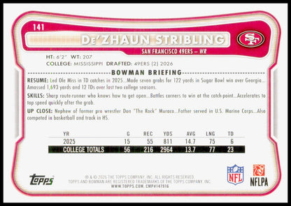 2026 Bowman De'Zhaun Stribling Card RC San Francisco 49ers