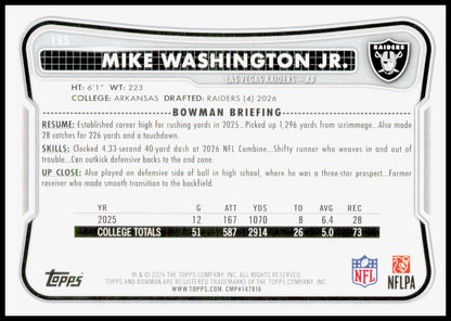 2026 Bowman Mike Washington Jr. Card RC Las Vegas Raiders
