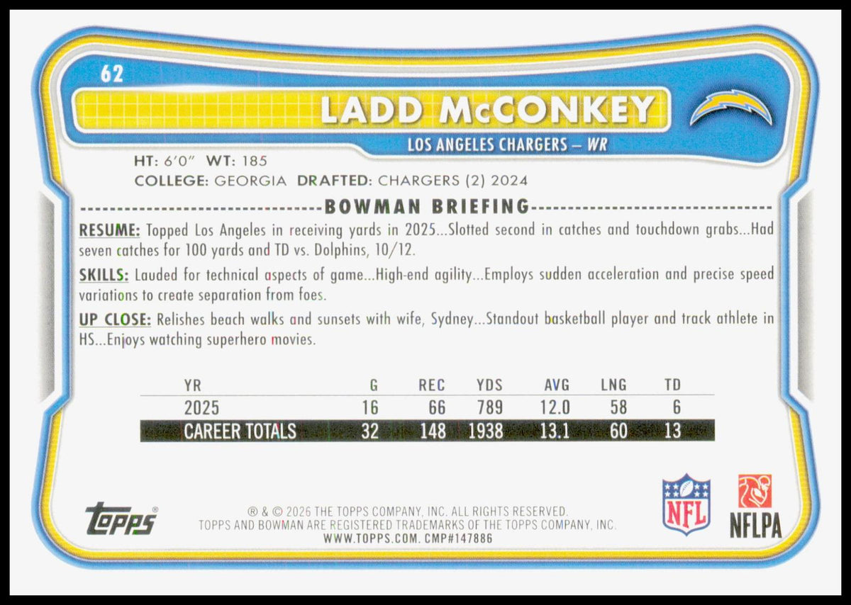 2026 Bowman Ladd McConkey Card Los Angeles Chargers