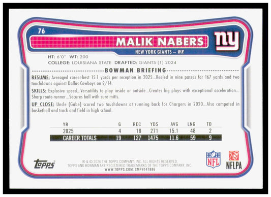 2026 Bowman Malik Nabers Card New York Giants