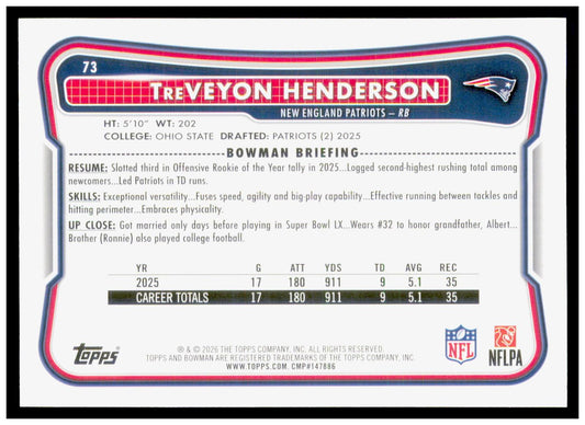 2026 Bowman TreVeyon Henderson Card New England Patriots