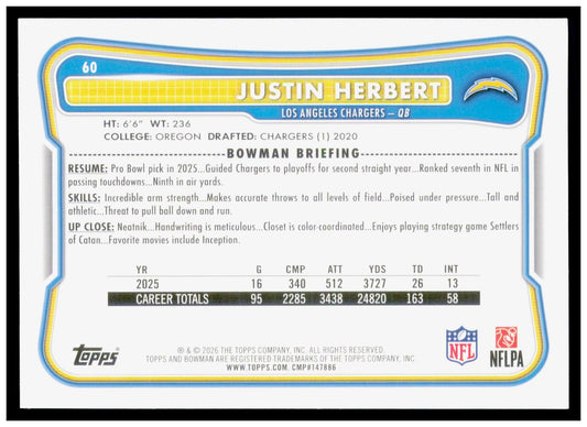 2026 Bowman Justin Herbert Card Los Angeles Chargers