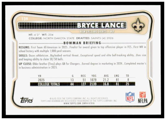 2026 Bowman Bryce Lance Card RC New Orleans Saints