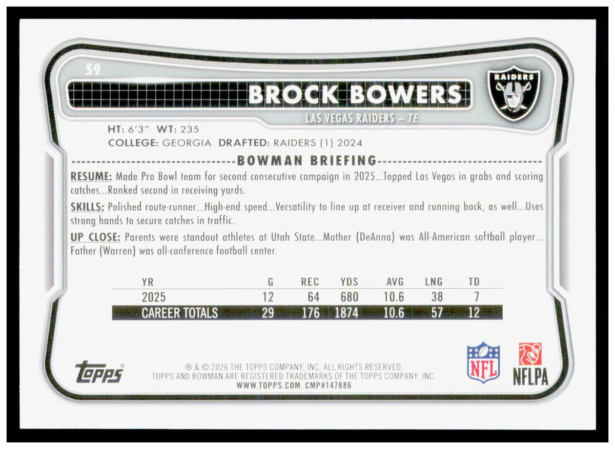 2026 Bowman Brock Bowers Card Las Vegas Raiders