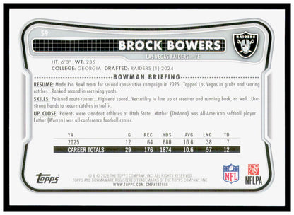 2026 Bowman Brock Bowers Card Las Vegas Raiders