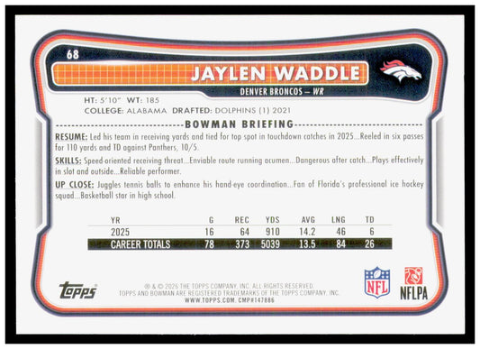 2026 Bowman Jaylen Waddle Card Denver Broncos