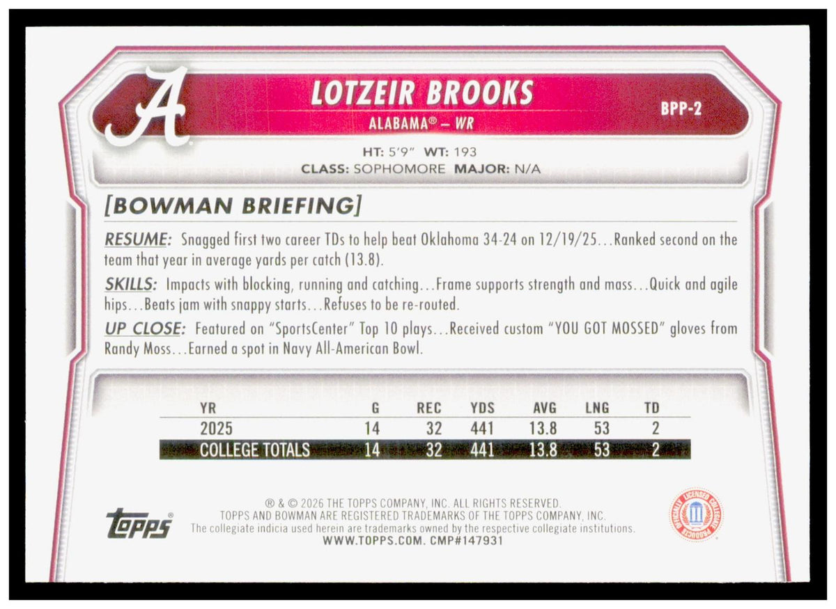 2026 Bowman Lotzeir Brooks Card Prospects Alabama Crimson Tide