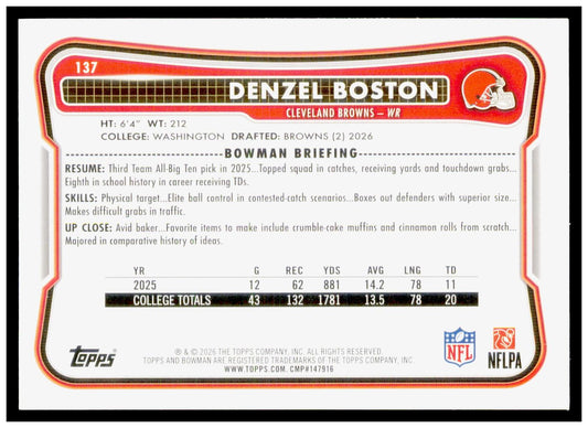 2026 Bowman Denzel Boston Card RC Cleveland Browns