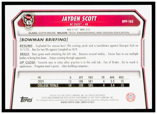 2026 Bowman Jayden Scott Card Prospects NC State Wolfpack